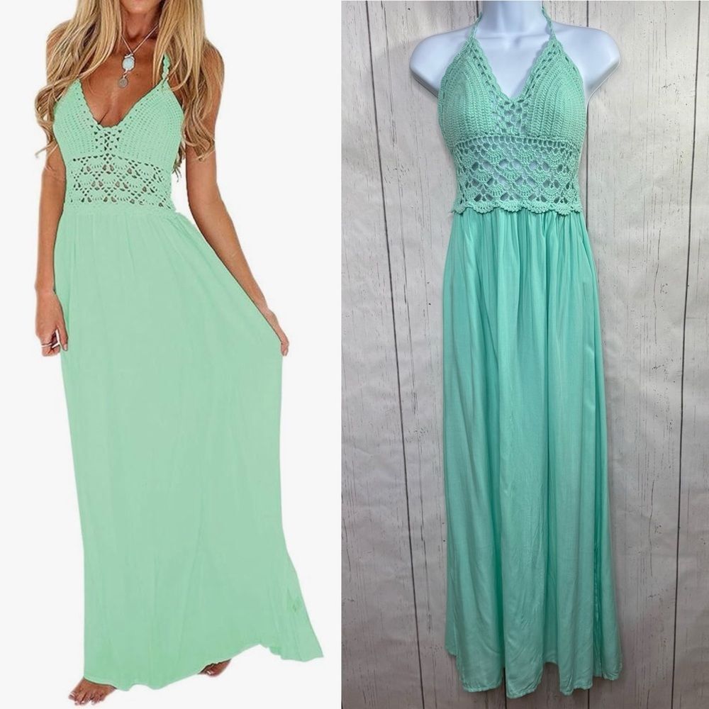 Lilbetter Mint Green Crochet Halter Maxi Dress Size XS Boho Beachy Cottagecore